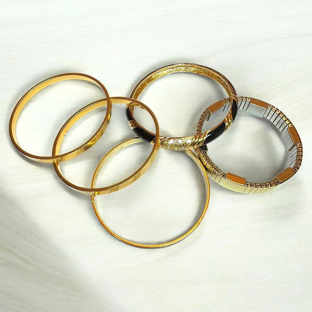 Bundle of 5 Bangle Bracelets Gold Tone Etching Stones 8.5 inches